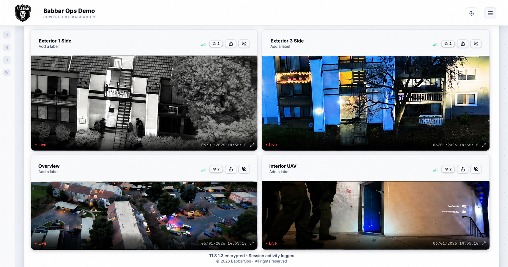 BabbarOps Live Command dashboard showing simultaneous drone, helicopter, and EyesOn witness streams unified on a real time video wall for public safety incident command